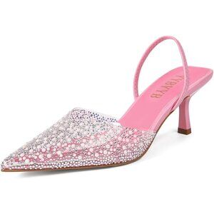 Women's Kitten Rhinestone Pointed Toe Pumps Slingback Pink Heels Dress Shoes